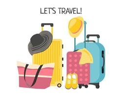 Set of Suitcases with Travel accessories. Inscription let's Travel. Flat vector graphics.