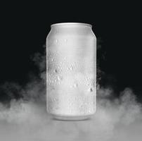 An unbranded freezing cold aluminum tin can with cold vapor an isolated dark studio background - 3D render photo