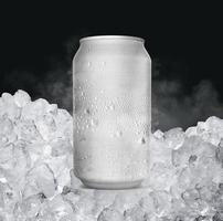 An unbranded freezing cold aluminum tin can with cold vapor an isolated dark studio background - 3D render photo