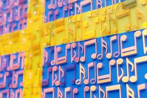 Musical notes lined up in even rows against the backdrop of the National Flag of  Sweden . The concept of the national anthem, music. 3D illustration photo