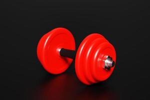 3d render illustration of a dumbbell with  red  plates, isolated on black background. Creative concept. photo