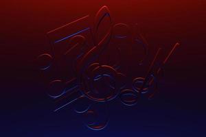 Musical notes and symbols with curves and swirls on a black background under red neon color. 3D illustration photo
