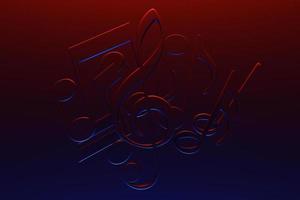 Musical notes and symbols with curves and swirls on a black background under red neon color. 3D illustration photo