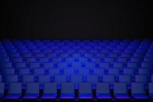 3d renderizar las mismas filas de sillas blandas de dibujos animados azules en el teatro. concepto de un hermoso cine con sillas foto