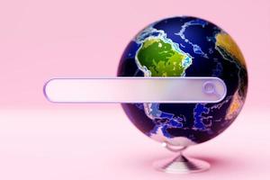 3d illustration of an internet search page  and earth planet model with world map  on a pink background. Search bar  icons