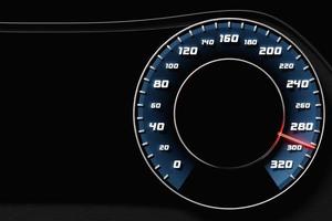 3D illustration close up black car panel, digital bright speedometer in sport style. The speedometer needle shows a maximum speed of 290 km h photo