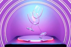 3d illustration of  wine glasses flying  on circle podium . Realistic illustration of a pair of wine glasses photo