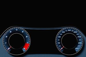 3D illustration of the  car panel, digital bright speedometer, odometer and other tools