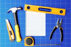 herramientas de construcción herramienta manual para reparación y construcción de viviendas. cortador de alicates, cinta, trinquete, alicates, nivel. ilustración 3d foto