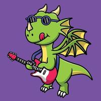 Cute Dragon Playing Electric Guitar Cartoon Vector Icon Illustration. Animal Music Flat Cartoon Concept