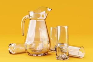 Empty crockery set, decanter with glasses on a yellow isolated background. healthy lifestyle concept photo