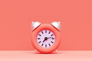 3d illustration pink cartoon wake up alarm clock on isolated monochrome background photo