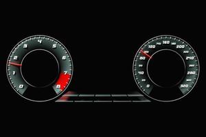 3D illustration of the dashboard of the car is illuminated by bright illumination. Circle speedometer, tachometer photo