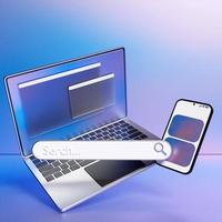 3D illustration of a laptop and smartphone with an open browser tab on the screen and an audio search icon.The concept of communication via the Internet, social networks, chat photo