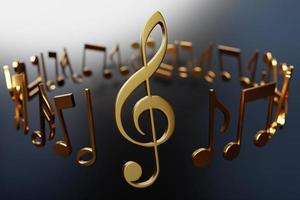 Musical notes and symbols with curves and swirls on a black  background under  light color. 3D illustration photo