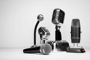 A set of microphones in a realistic background on a white isolated background, 3d illustration. Live show, music recording, entertainment concept. photo