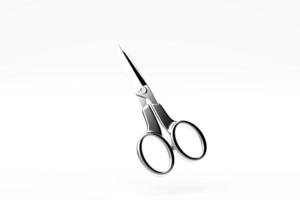 3d illustration, close up of the  silver metal open scissors  on a white isolated background. Classic scissors design template for graphic photo