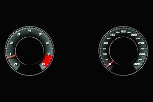 3D illustration of the dashboard of the car is illuminated by bright illumination. Circle speedometer, tachometer