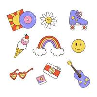 Collection of different retro 70s hippie elements. Flat vector illustration.