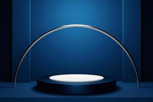 3d illustration of a  blue   podium  with light on monocrome  background. Empty pedestal for award ceremony photo
