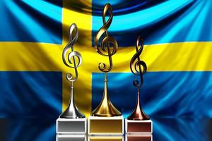 Treble clef awards for winning the music award against the background of the national flag of Sweden , 3d illustration. photo