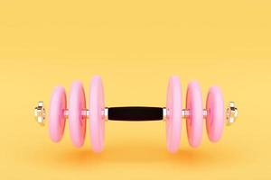 Ilustración 3d mancuerna rosa metal con discos sobre fondo amarillo. equipamiento deportivo y fitness foto