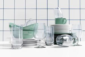 Set of clean plates, glasses, glasses. 3d illustration. photo