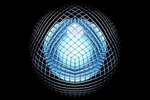 Ilustración 3d de una bola de cristal azul transparente con muchas caras, cristales esparcidos sobre un fondo oscuro bajo una luz de neón blanca. forma de bola cibernética foto