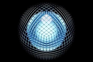 3D illustration of a transparent blue glass  ball  with many faces, crystals scatter   on a dark  background under a white neon light.  Cyber ball shape photo