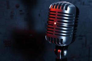 Silver microphone,   model on black background, realistic  3d illustration. music award, karaoke, radio and recording studio sound equipment photo