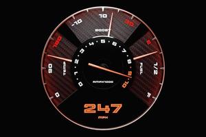 3D illustration of the dashboard of the car is illuminated by bright illumination. Circle speedometer, tachometer photo