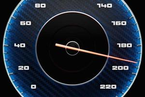 3D illustration close up black car panel, digital bright speedometer in sport style. The speedometer needle shows a maximum speed of 290 km h photo