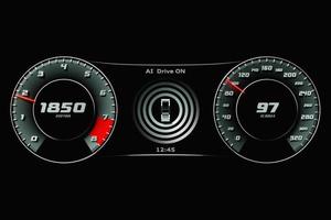 3D illustration of the new car interior details. Speedometer shows a maximum speed of 97 km  h, tachometer with blue,red backlight. Design and interior of a modern car. photo