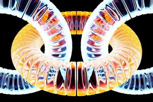 3d illustration of close up of colorful  glowing  chain links bent in a fancy shape on a  black background photo