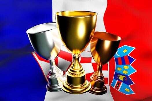 3d illustration of a cup of gold, silver and bronze winners on the background of the national flag of Croatia . 3D visualization of an award for sporting achievements photo