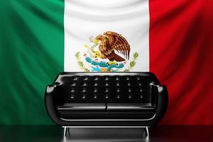 Black leather sofa with the national flag of Mexico  in the background. 3D illustration photo