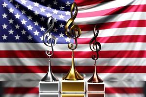 Treble clef awards for winning the music award against the background of the national flag of USA, 3d illustration. photo