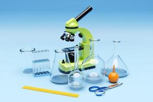 3d illustration of a set of laboratory instruments and a microscope. Chemical laboratory research on a blue background photo