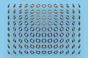 3d illustration of rows of  gold  torus .Set of  toruses  on monocrome background, pattern. Geometry  background photo