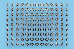 3d illustration of rows of  gold  torus .Set of  toruses  on monocrome background, pattern. Geometry  background photo