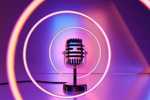 Silver  retro microphone on a pink  background. minimal style. 3d rendering photo