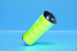 Ilustración 3d de batería verde sobre fondo azul. foto