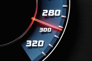 3D illustration of the dashboard of the car is illuminated by bright illumination. Circle speedometer, tachometer photo