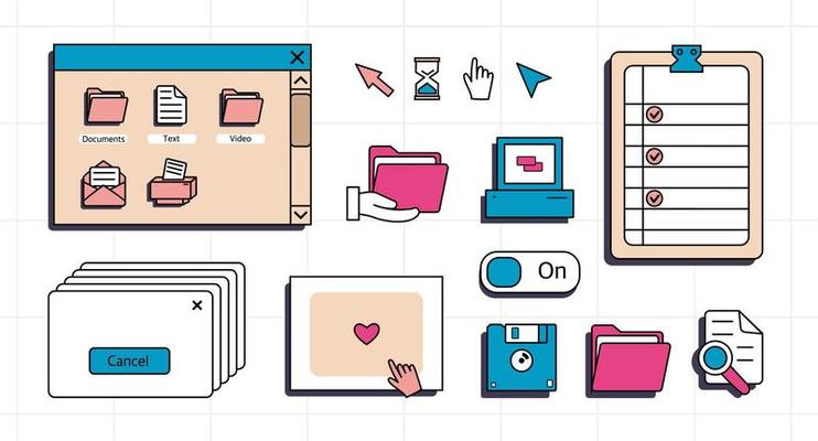 A set of user interface elements, UI and UX themes. In the vaporwave style of the 80-90s, retro collage. Vector illustration of windows and icons .