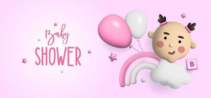 espacio 3d de la fiesta de bienvenida al bebé. cartel de banner en baby shower en estilo render. bebé de letras. ilustración en estilo 3 d. vector