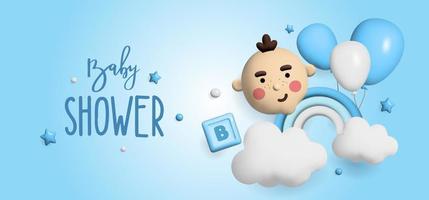 Baby shower 3d space. Banner poster on Baby shower in render style. Lettering baby. Vector illustration in 3 d style.