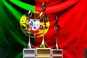 Treble clef awards for winning the music award against the background of the national flag of Portugal, 3d illustration. photo