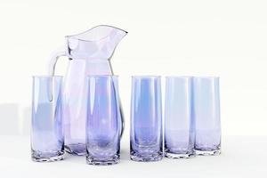 un decantador y un vaso de leche, agua o jugo sobre un fondo blanco aislado. ilustración 3d foto