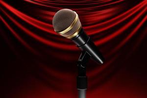micrófono en el fondo de la cortina roja, ilustración 3d realista. premio de música, karaoke, radio y equipo de sonido de estudio de grabación foto