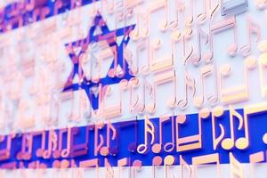 Musical notes lined up in even rows against the backdrop of the National Flag of  Israel . The concept of the national anthem, music. 3D illustration photo